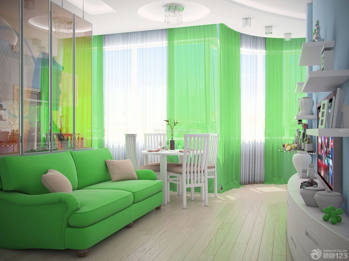 清新两室一厅样板房绿色窗帘设计