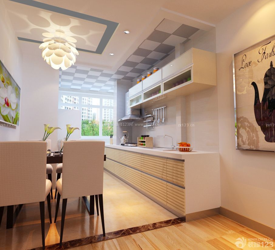 现代风格90平方房屋厨房餐厅一体装修效果图