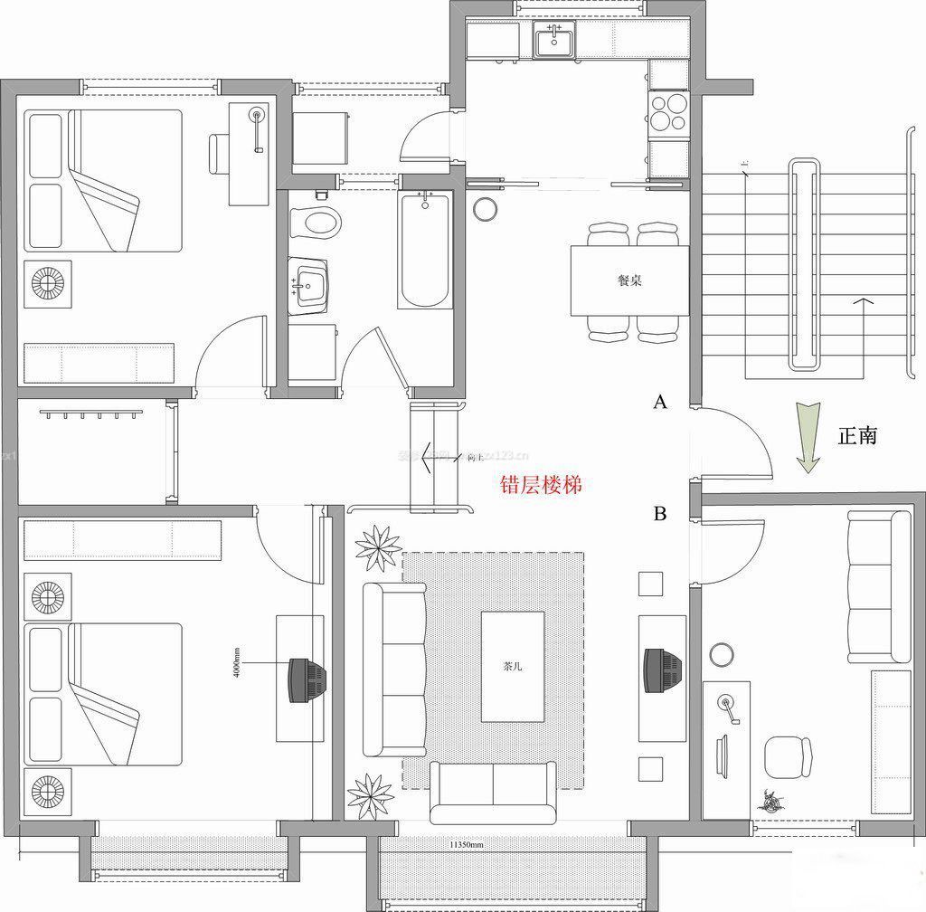 錯(cuò)層兩室兩廳一衛(wèi)戶型圖裝修圖片