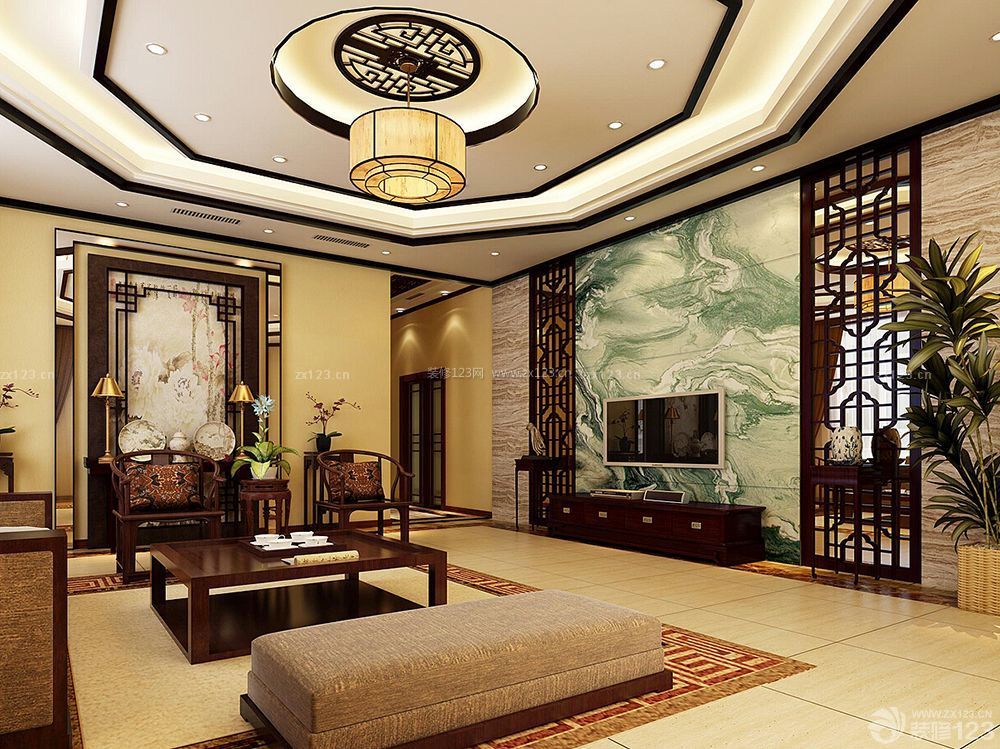 别墅新中式家装客厅装修设计效果图