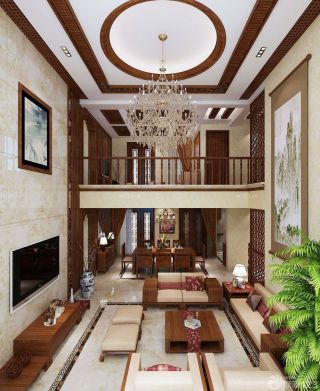 中式风格复式楼客厅窗帘装修效果图