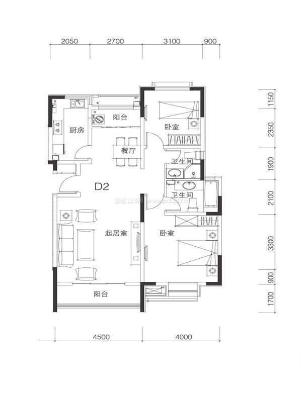 90平米兩室一廳別墅戶型圖