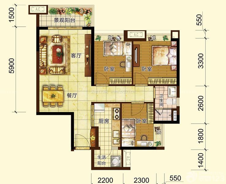 90平方三室一厅别墅户型图