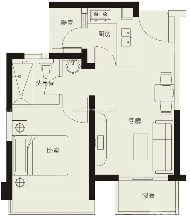 80平米一室兩廳一廚一衛(wèi)裝修平面圖