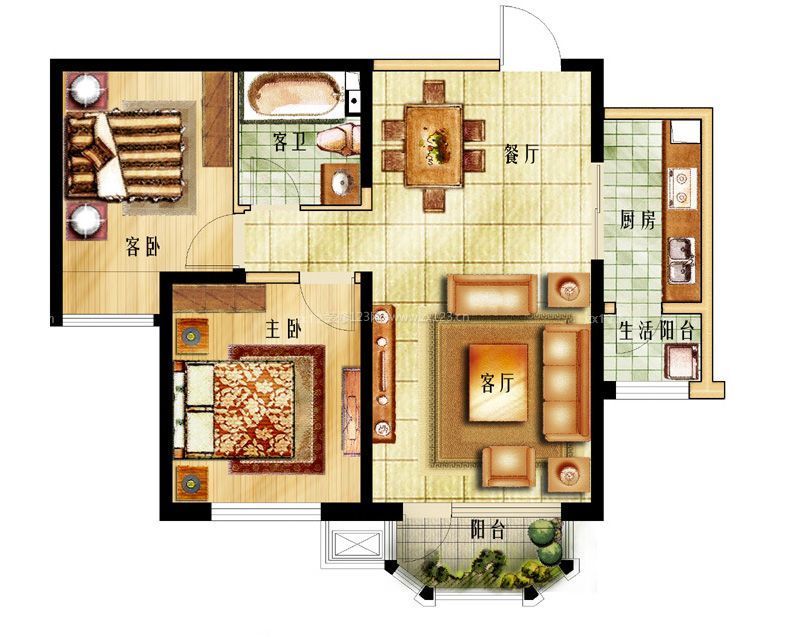 80平米两室两厅一厨一卫带阳台装修平面图