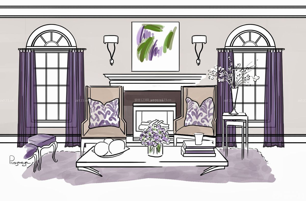 别墅紫色窗帘设计图纸及效果图