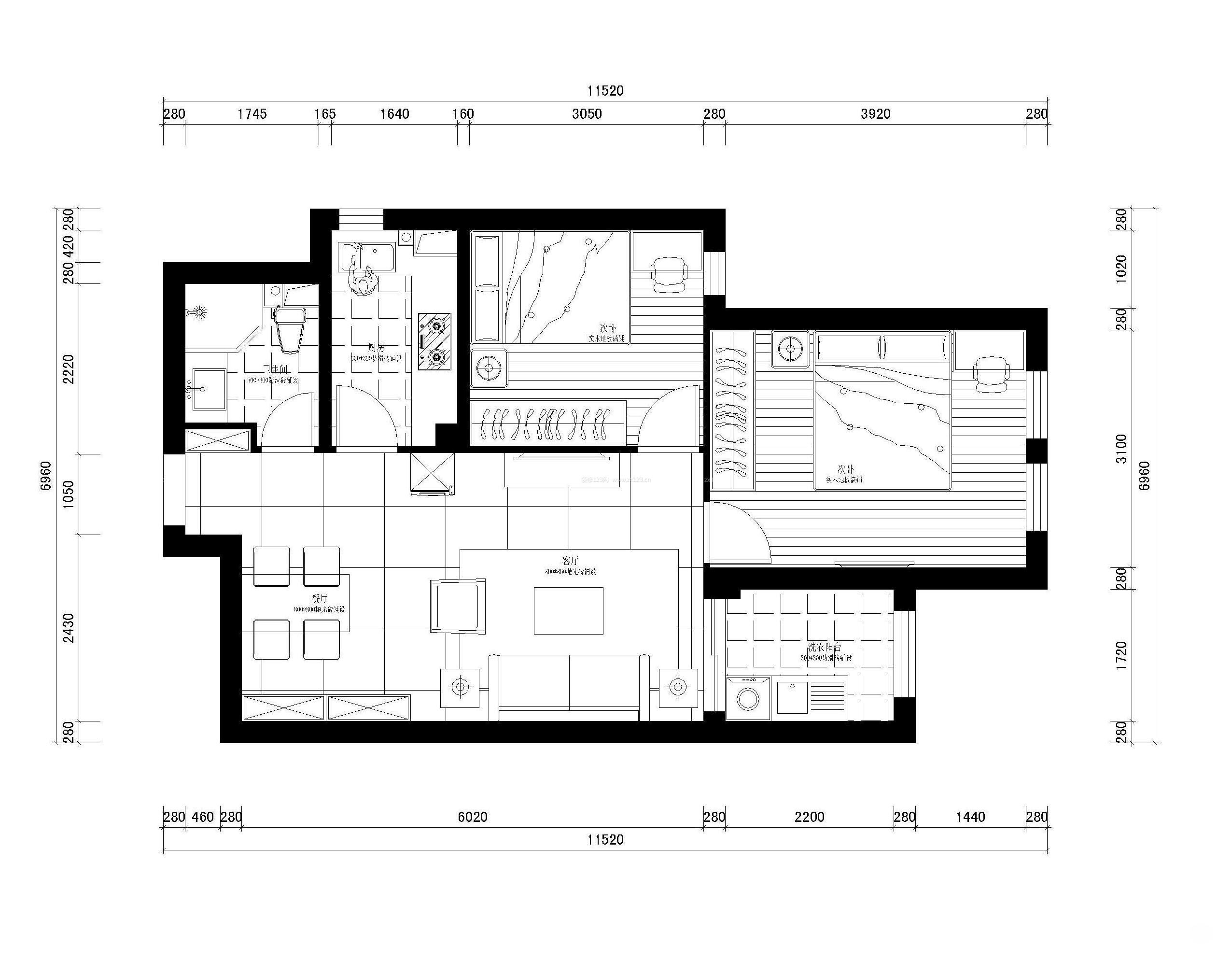 60平米小户型公寓室内平面图