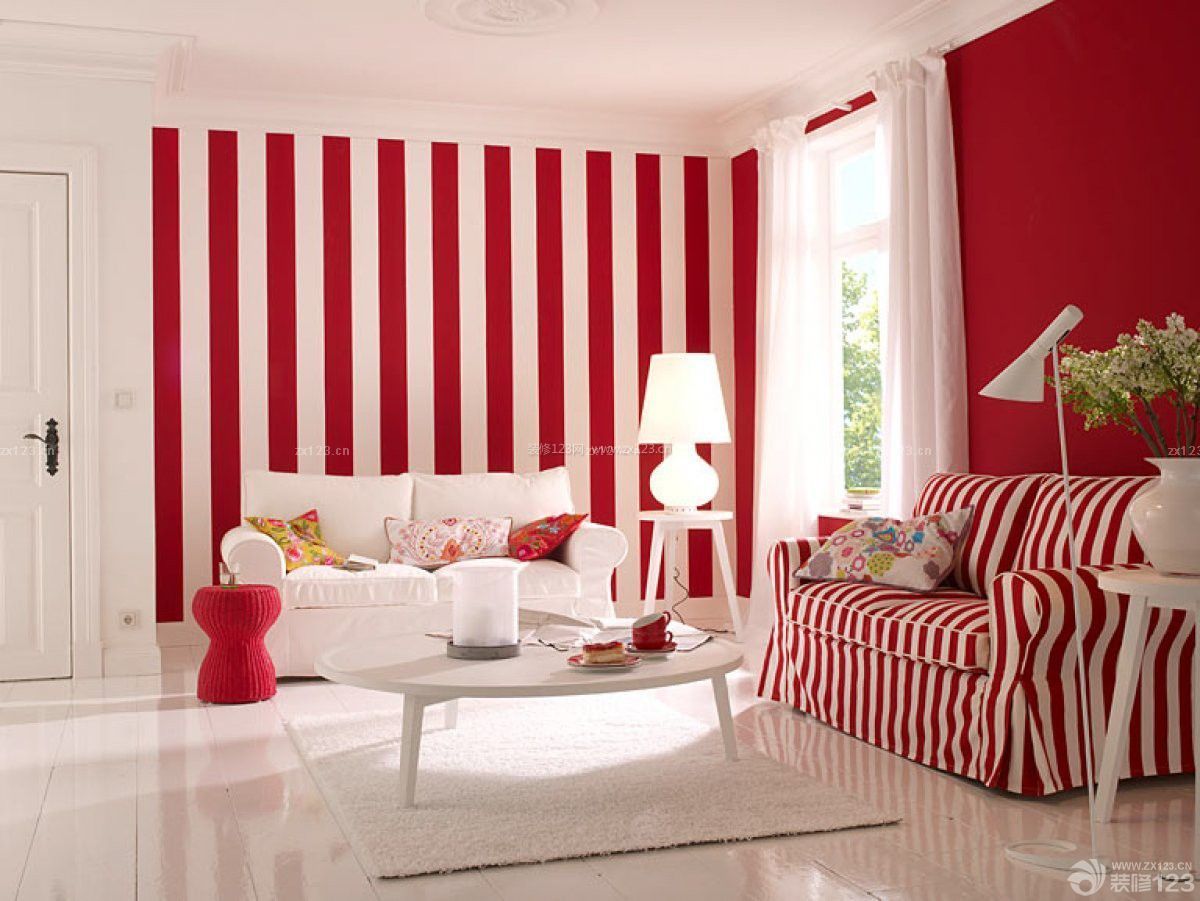 时尚客厅色彩搭配红色墙面装修实景图欣赏