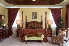 最新欧式卧室红色窗帘装修效果图片