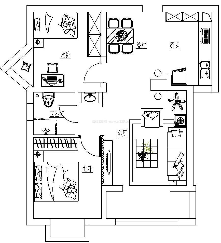 80平方平房两室两厅一卫户型图