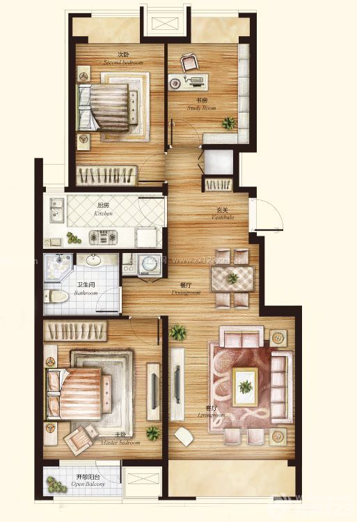80平方平房两室两厅一厨一卫户型_装修123效果图