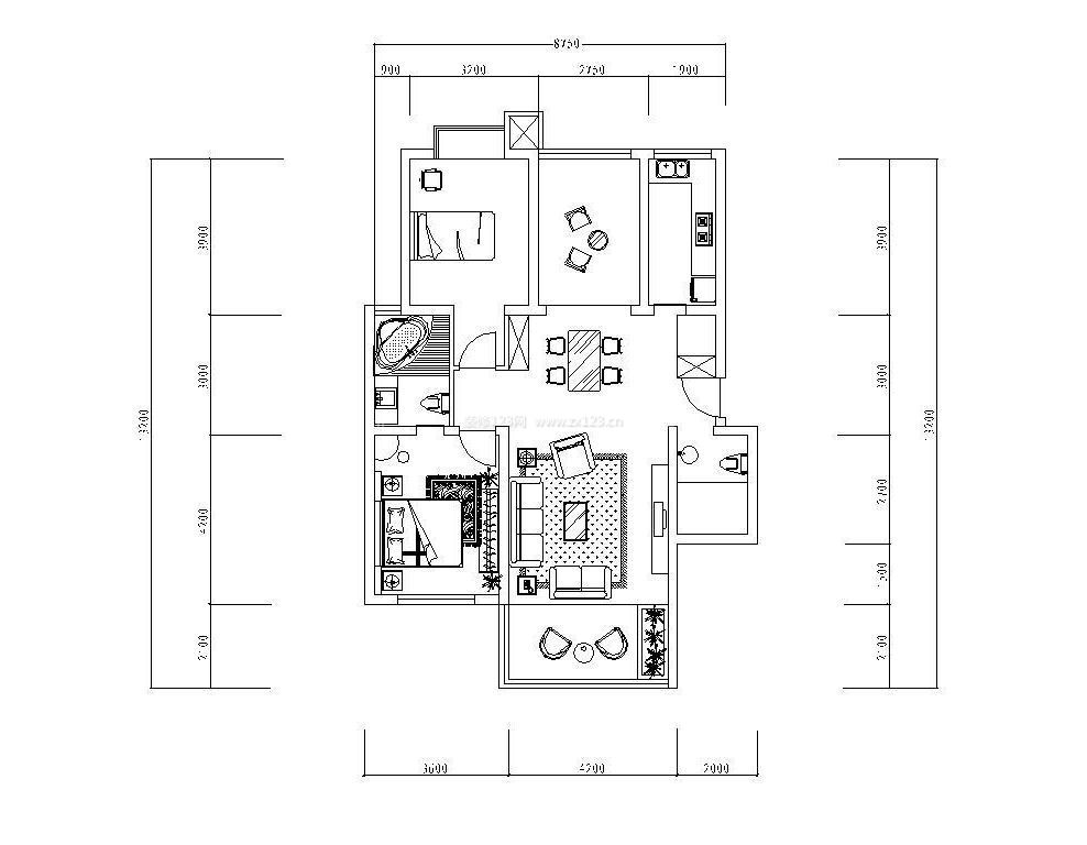 兩室兩廳42平的小戶型平面圖