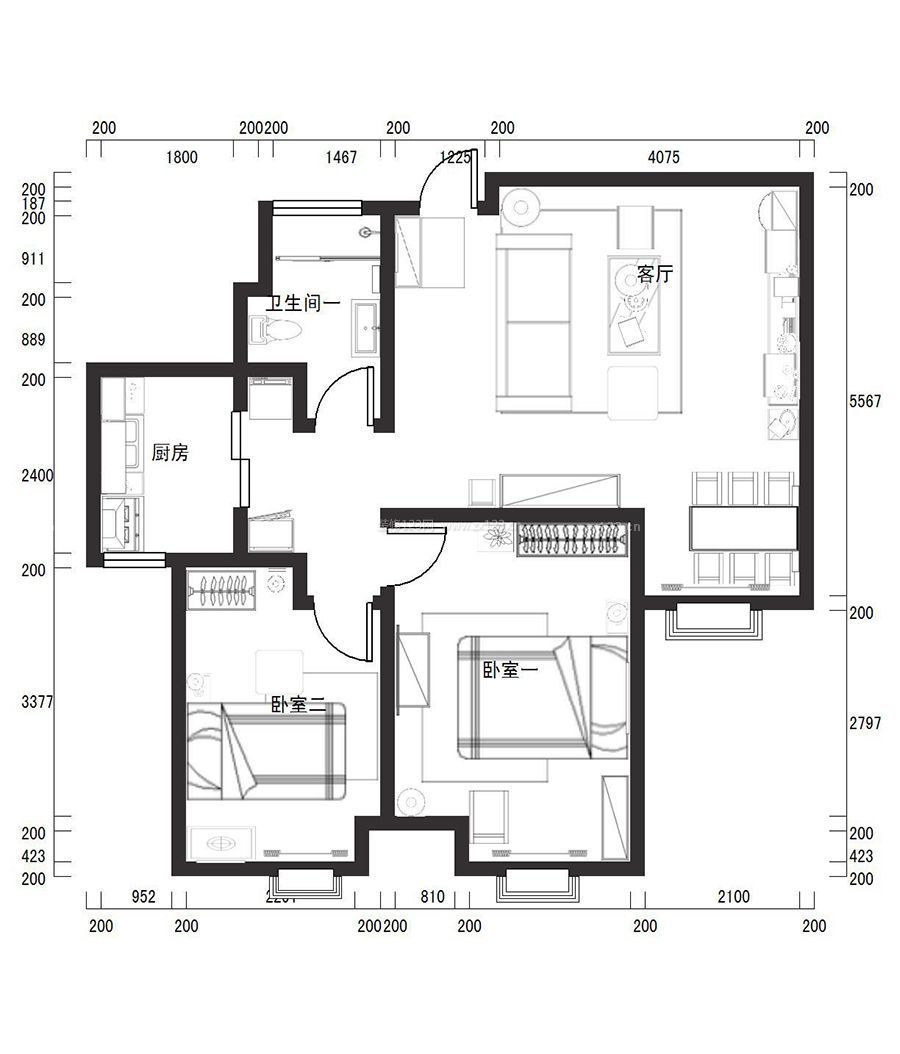 42平的兩室一廳小戶型裝修設(shè)計(jì)平面圖