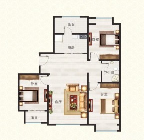 88平米家庭室内三室一厅平面图