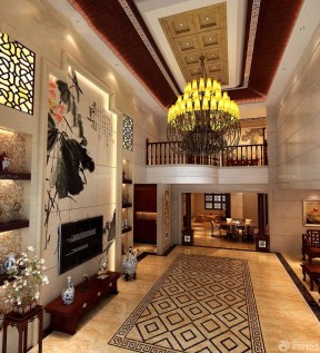 中式客厅瓷砖背景墙效果图 别墅客厅装修效果图