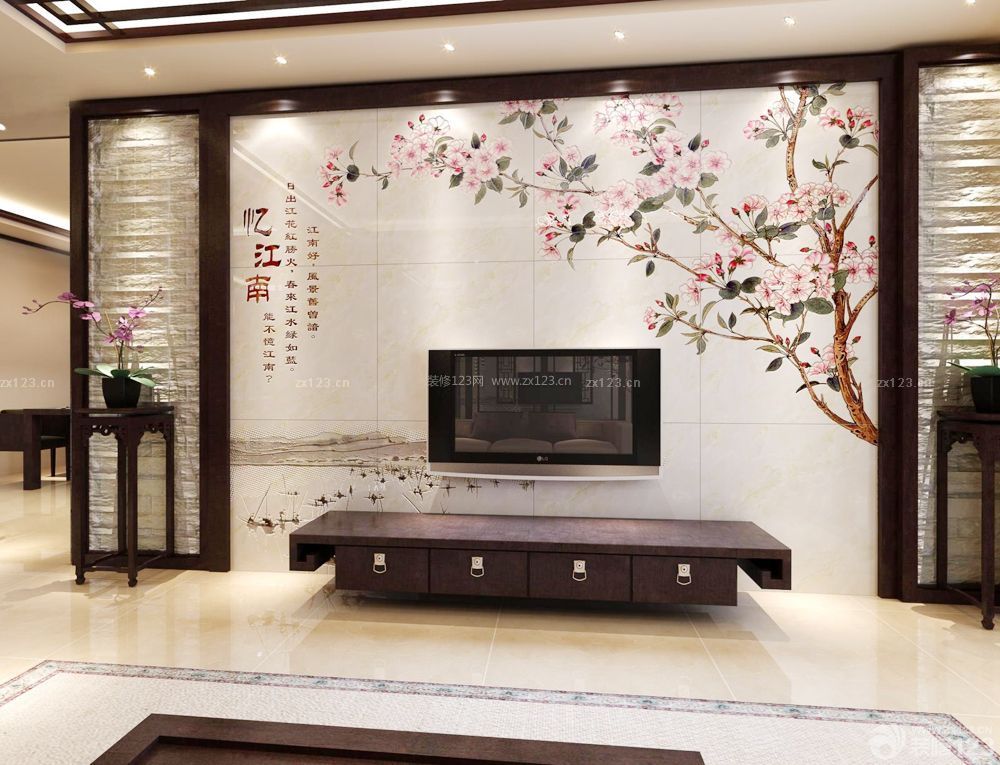 中式客厅电视背景图瓷砖背景装修效果图