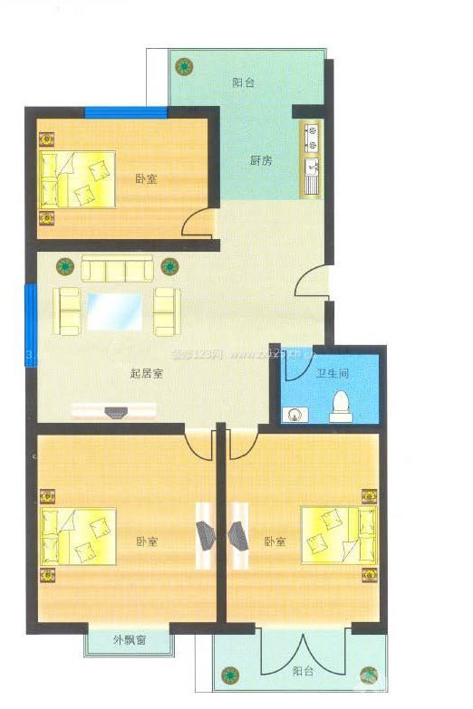 110平米三室一厅住房设计平面图_装修123效果