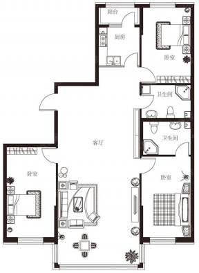 110平米三室一廳自建房平面圖