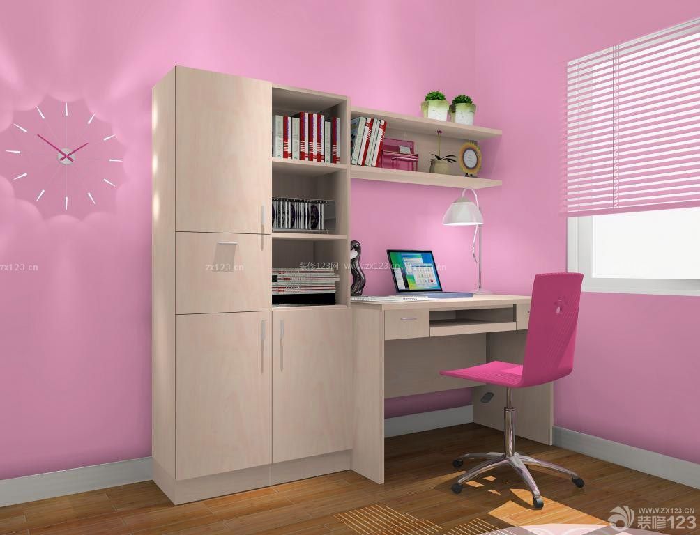 现代简单小卧室转角电脑桌书柜衣柜组合装修图