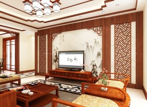 中式家装客厅电视背景墙壁画效果图片