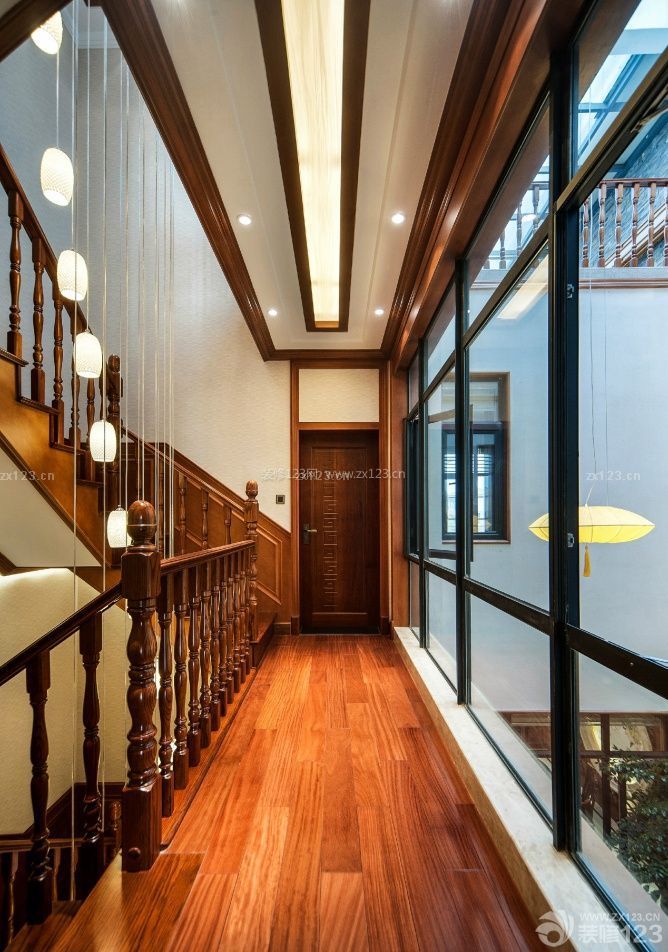 家装中式风格走廊实木地板贴图