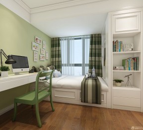 小户型卧室浅绿色壁纸窗帘设计装修效果图