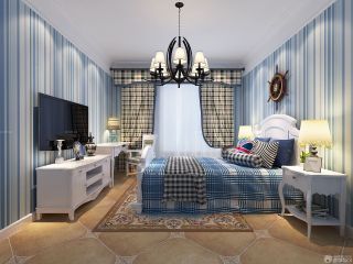 地中海风格蓝色卧室条纹壁纸装修效果图片