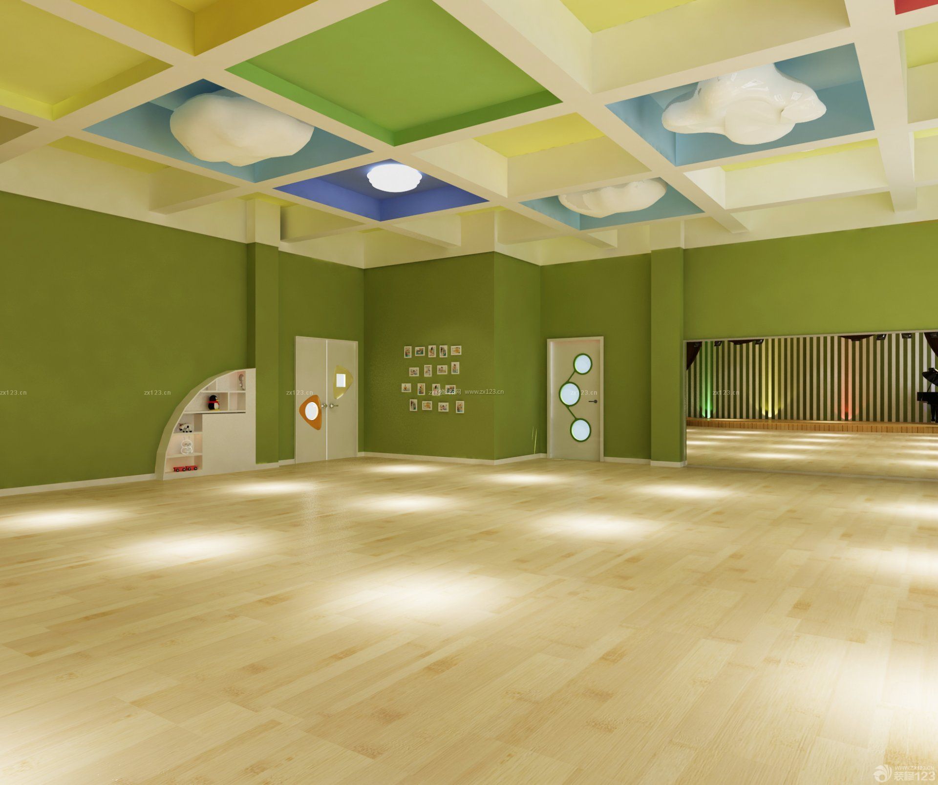 2016现代幼儿园室内浅色木地板装修设计图片