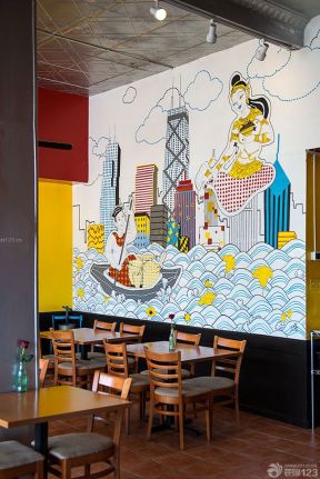 酒吧式快餐厅装修效果图 手绘墙画