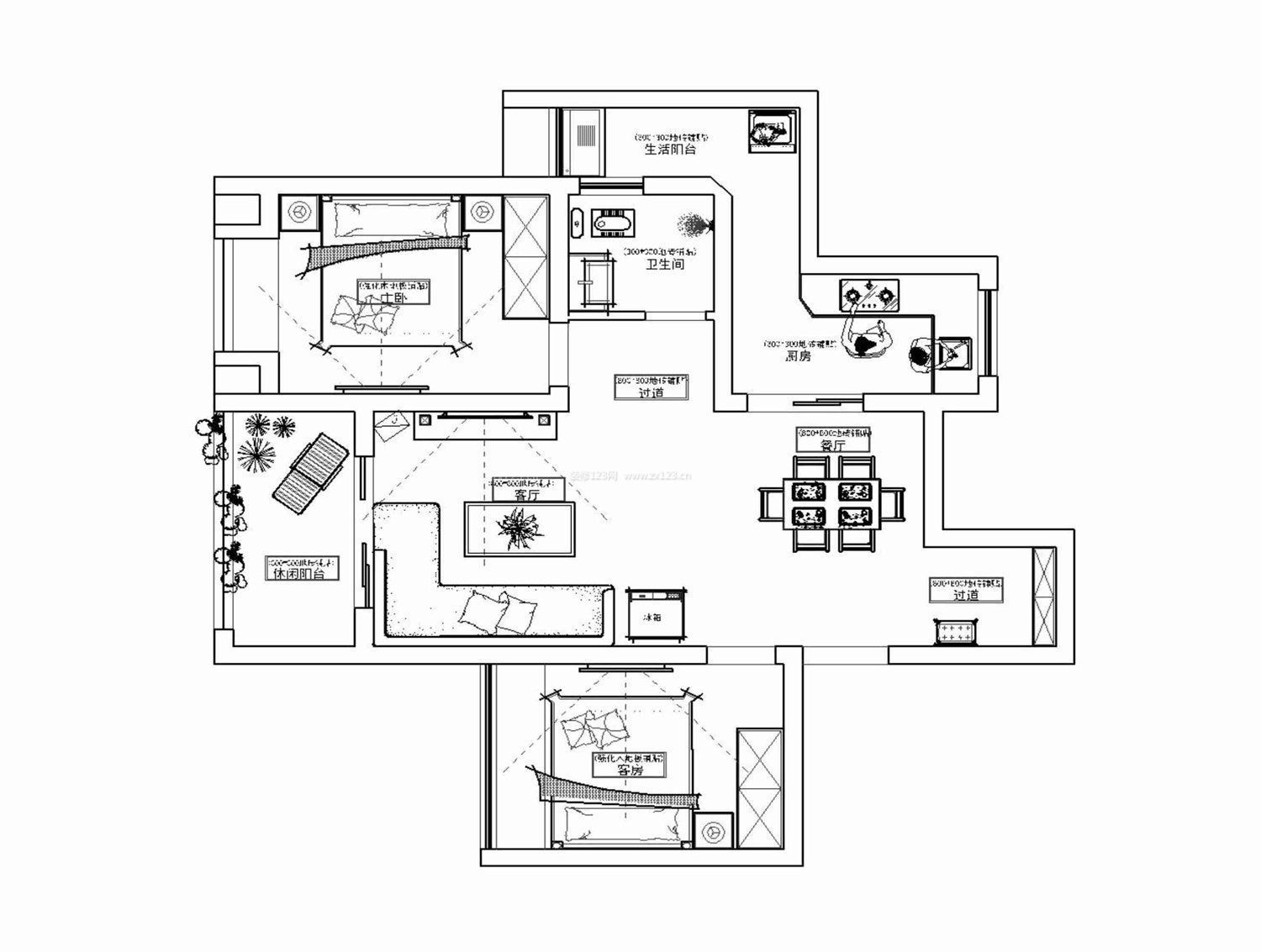 60平創(chuàng)意小戶型兩室一廳戶型圖