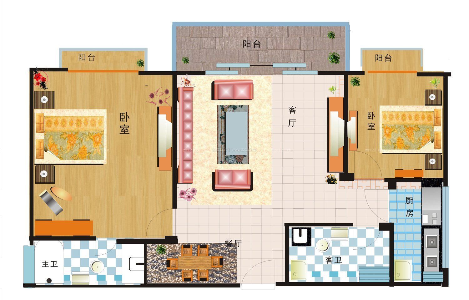 60平兩室一廳小客廳沙發(fā)戶(hù)型圖