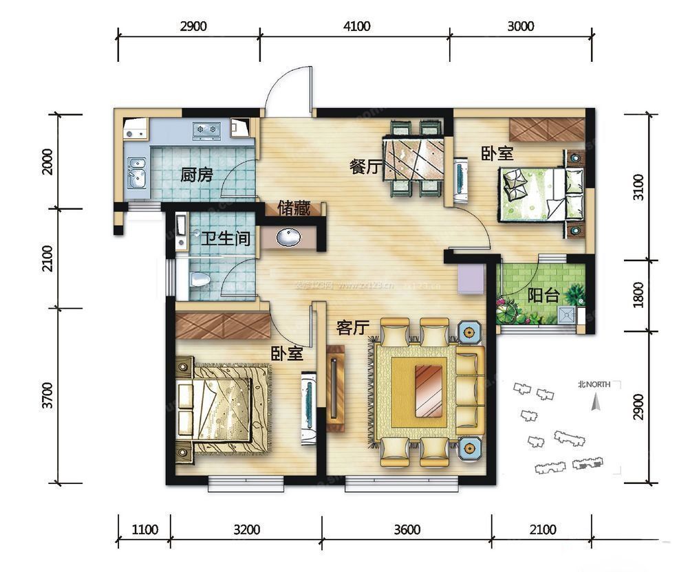 最新70平兩室一廳房屋戶型圖片