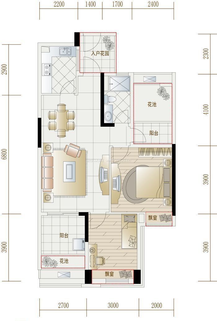 70平兩室一廳房屋戶型設計圖