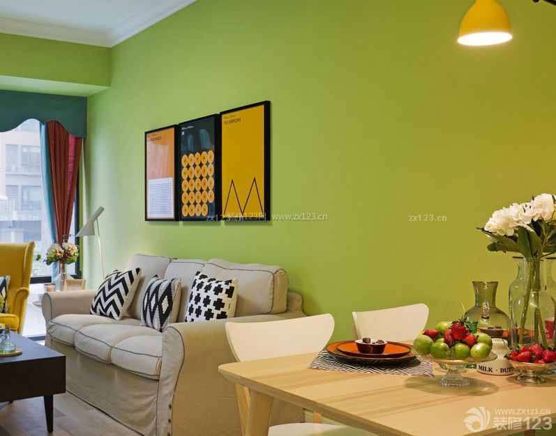 简装90平米三室一厅房子室内绿色墙面装修效果图片