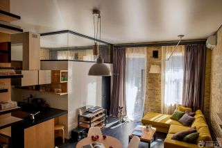 温馨60平米小户型客厅带阁楼纯色窗帘装修效果图片