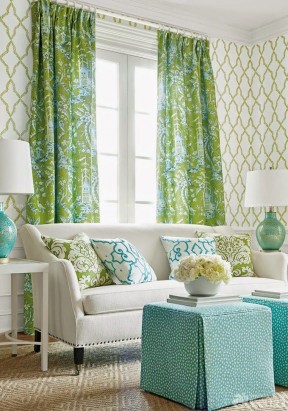 客厅设计 绿色窗帘装修效果图片
