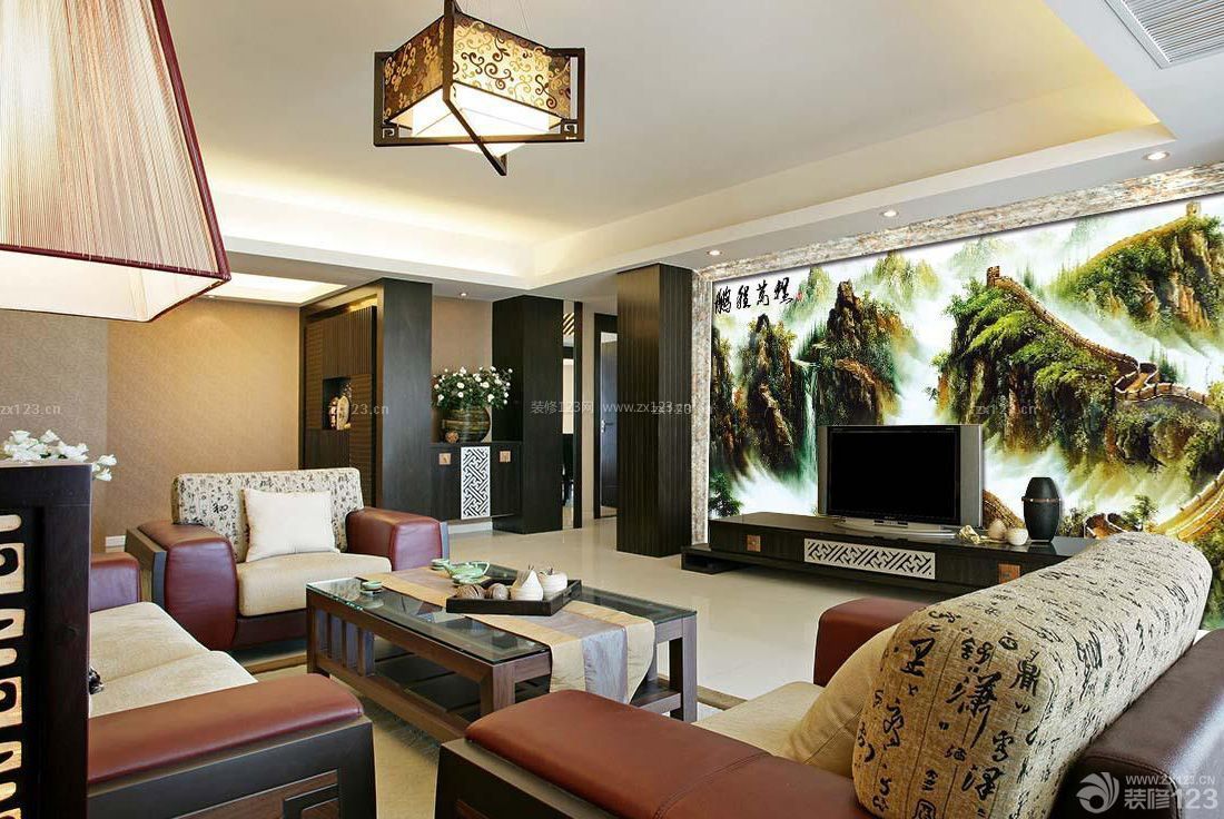 中式室内设计客厅电视背景墙壁纸效果图片