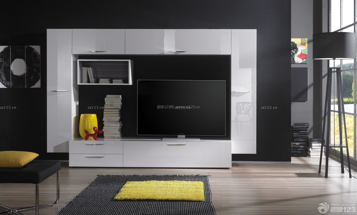 时尚家庭装修电视背景墙白色电视柜图片