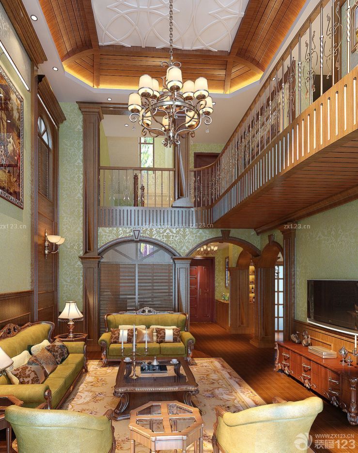 美式别墅挑高客厅装修效果图