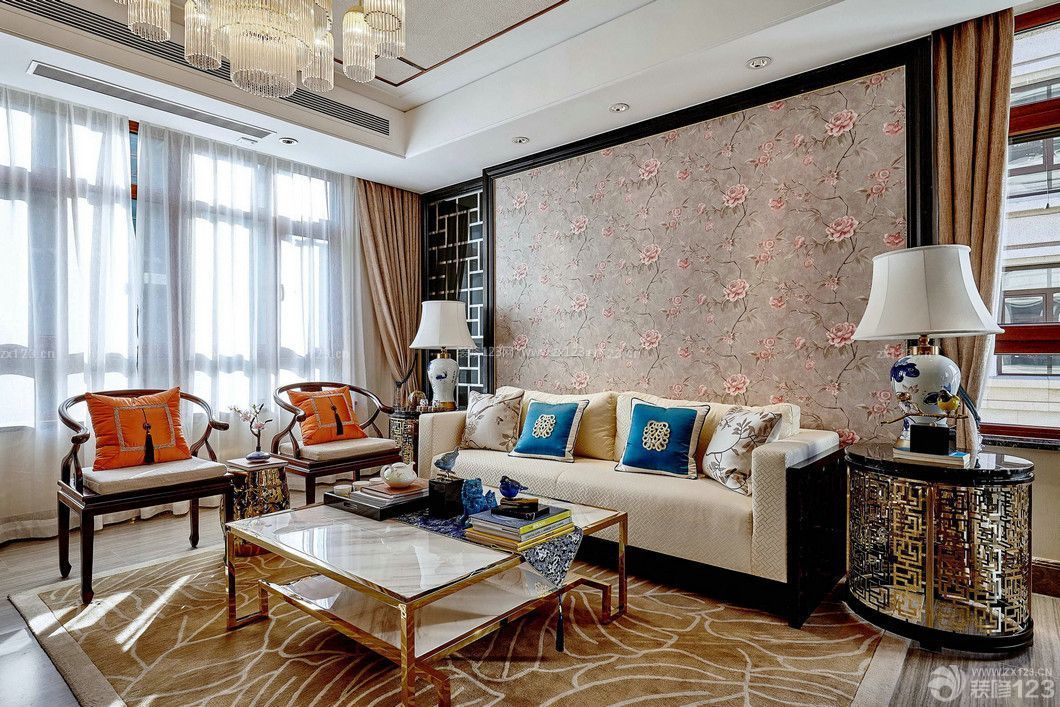 新中式风格客厅沙发背景墙效果图样板间 