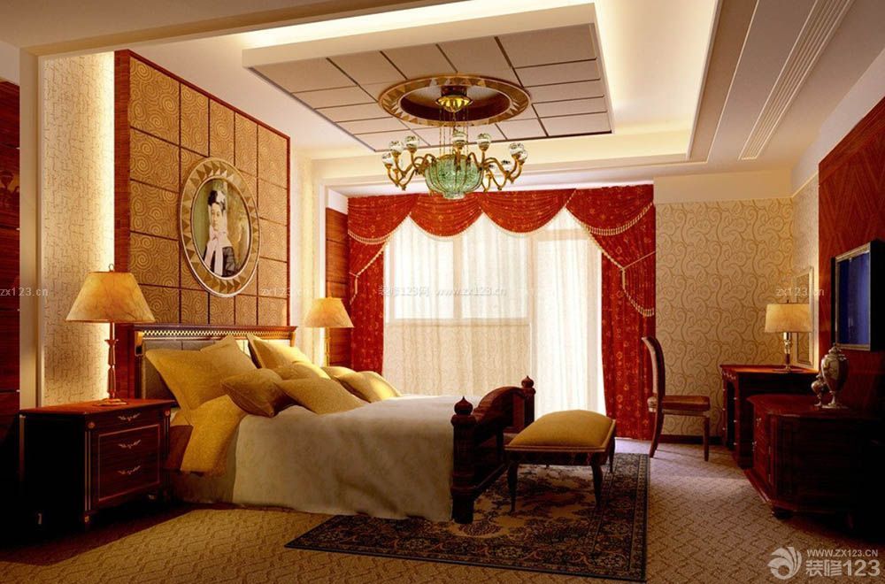 中式卧室床头背景墙装修效果图片
