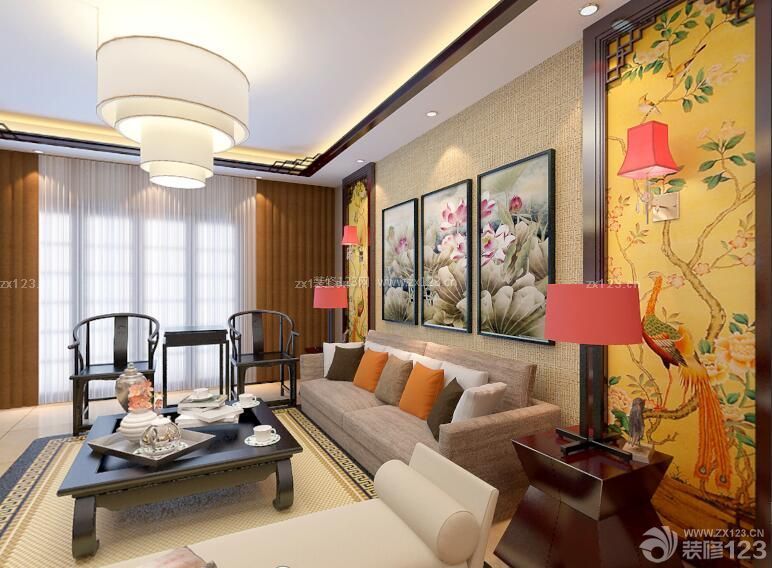 中式风格客厅沙发背景墙装修图片欣赏