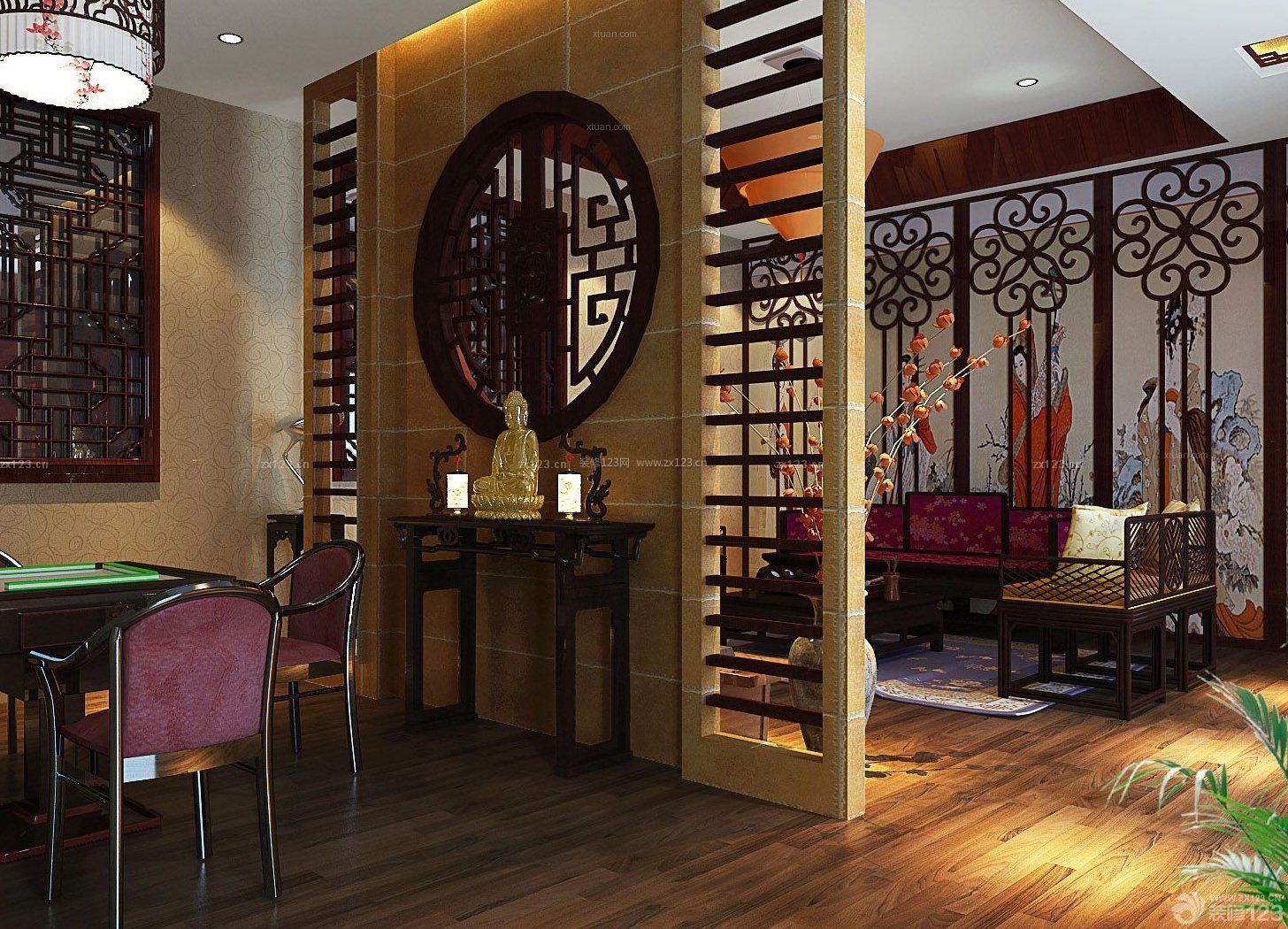 大型中式茶楼室内隔断设计效果图片