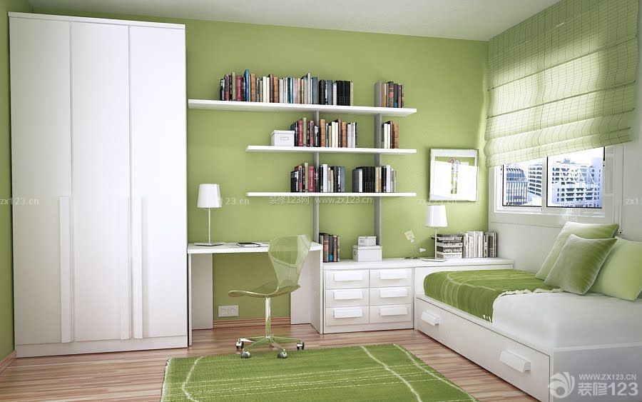 儿童房卧室绿色窗帘装修效果图片大全