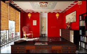 中式客厅设计 红色墙面装修效果图片