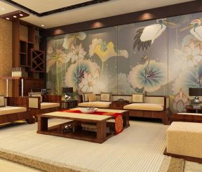中式沙发背景墙效果图 客厅壁画图片