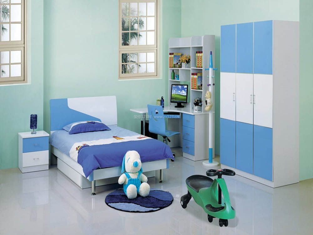 单身卧室青色墙面装修设计效果图片