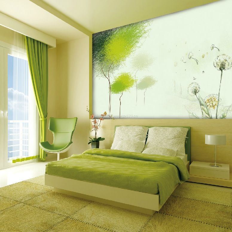 简约卧室绿色窗帘装修设计效果图片