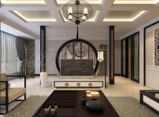 现代中式客厅镂空隔断电视墙效果图