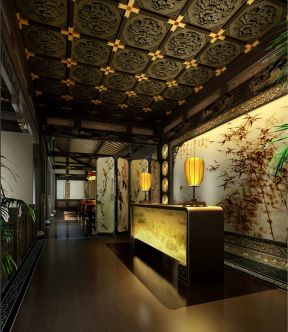 中式复古饭店装修 接待台设计装修效果图片